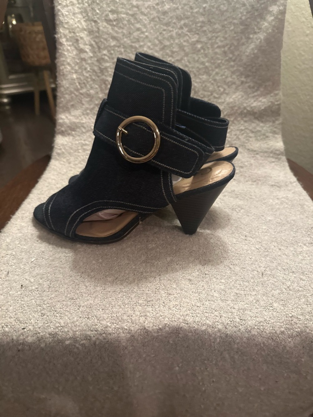 Women’s Blue Jean Denim Peep-Toe Cone Heel Sandals with Ring Accent